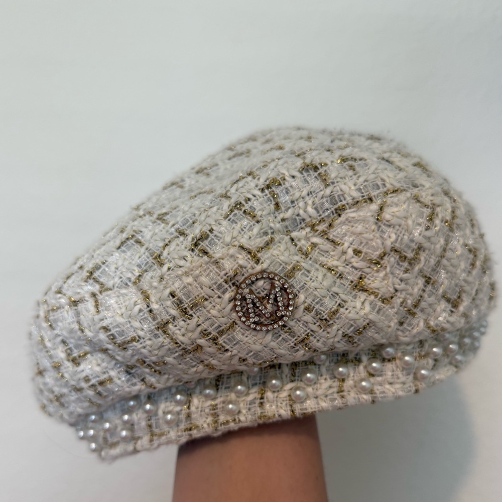Tweed Pearl Beret Hat – Elegant Cream Parisian Style